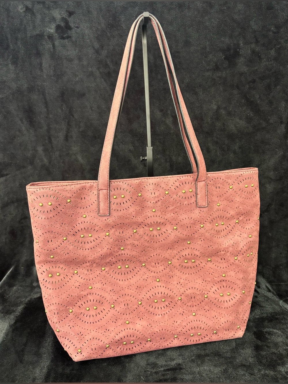Bueno Laser Cut Studded Faux Suede Tote Bag